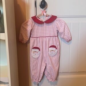 Adorable Pink Gingham Baby Romper with Santa Pockets